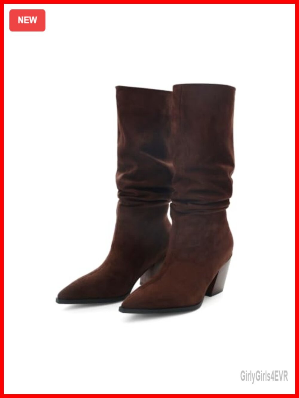 Slouchy Mid Calf Boots Faux Suede Pointed Toe Block Heel Pull On